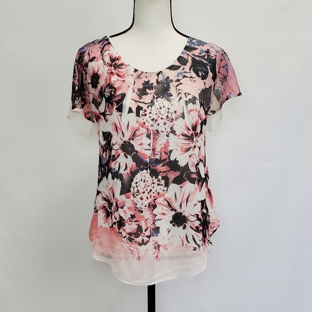 I.N. Studio Floral Sheer Short Sleeve Top w/ built-in camisole